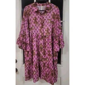 Uncle Frank Pink Tiger Floral Print Shift Dress Size L Art to Wear Pocket ruffle